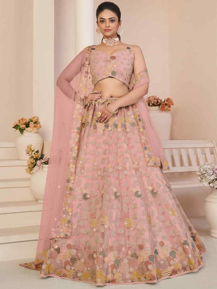 Buy Reception Wear Light Pink Net Sequins Work Lehenga Choli Online