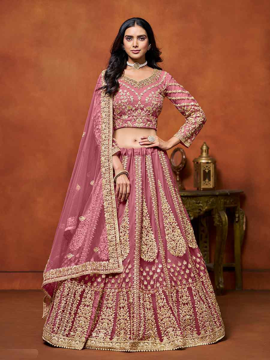 Pink Net Embroidered Wedding Bridesmaid Heavy Border Lehenga Choli