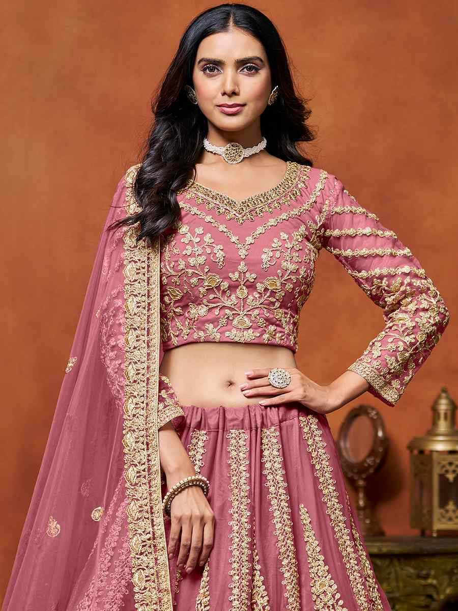 Pink Net Embroidered Wedding Bridesmaid Heavy Border Lehenga Choli