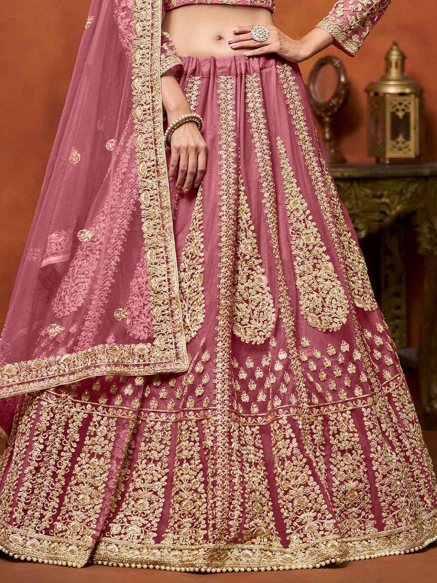 Pink Net Embroidered Wedding Bridesmaid Heavy Border Lehenga Choli