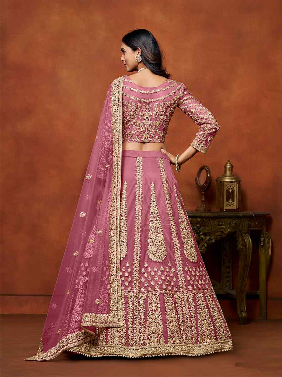 Pink Net Embroidered Wedding Bridesmaid Heavy Border Lehenga Choli