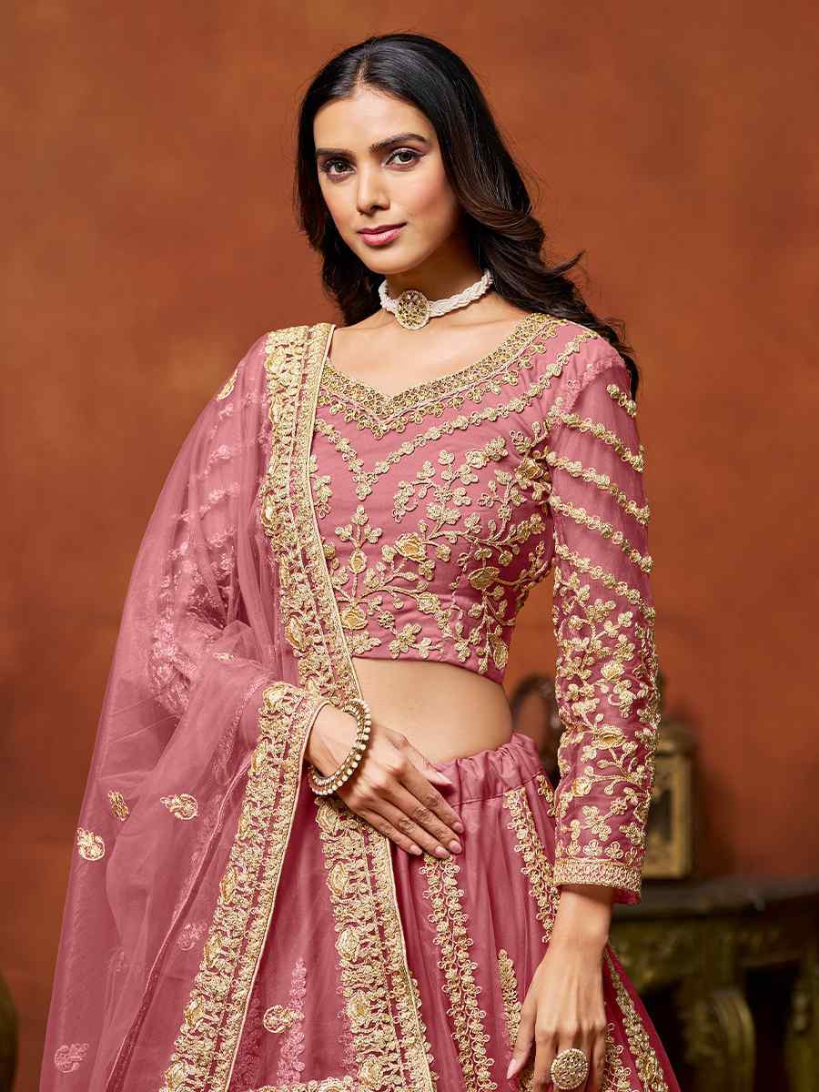 Pink Net Embroidered Wedding Bridesmaid Heavy Border Lehenga Choli