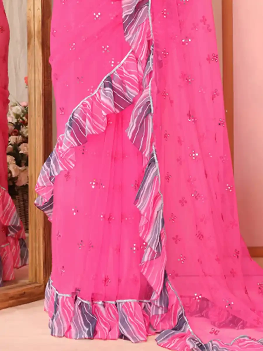 Pink Net Printed Festival Party Contemporary Saree