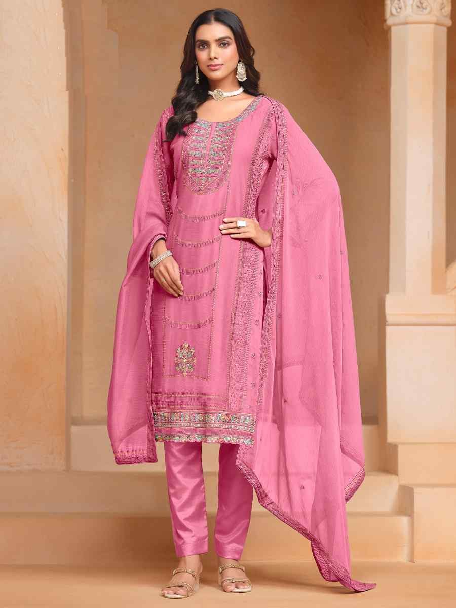 Pink Organza Chiffon Embroidered Festival Wedding Pant Salwar Kameez