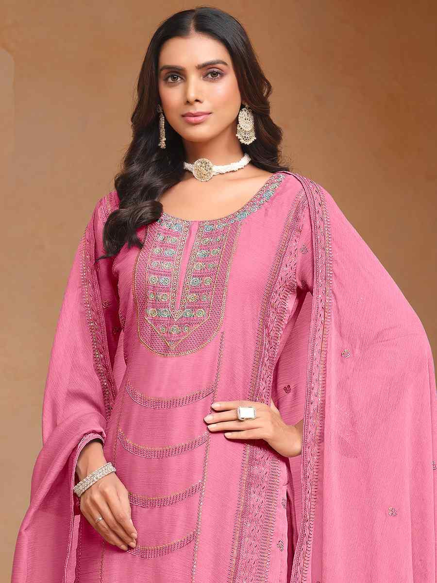 Pink Organza Chiffon Embroidered Festival Wedding Pant Salwar Kameez