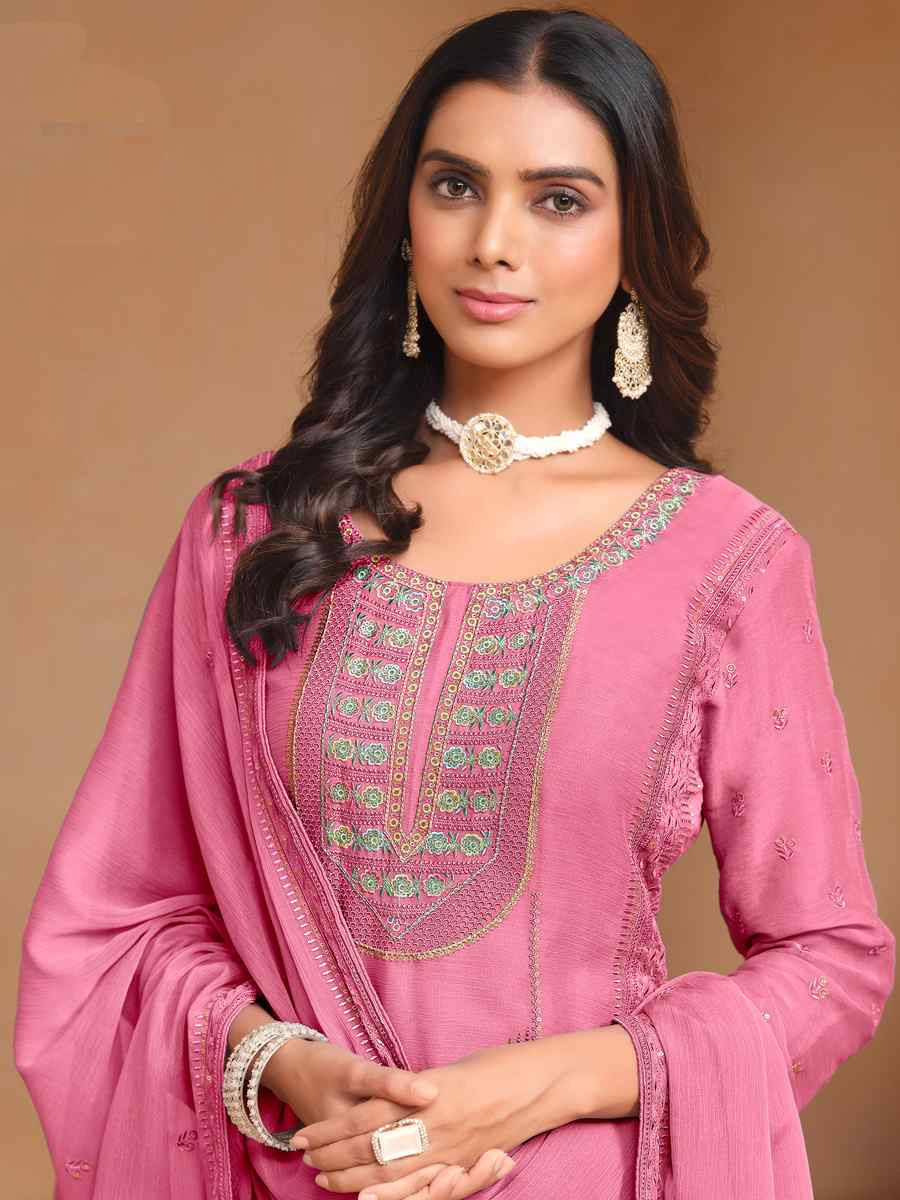 Pink Organza Chiffon Embroidered Festival Wedding Pant Salwar Kameez