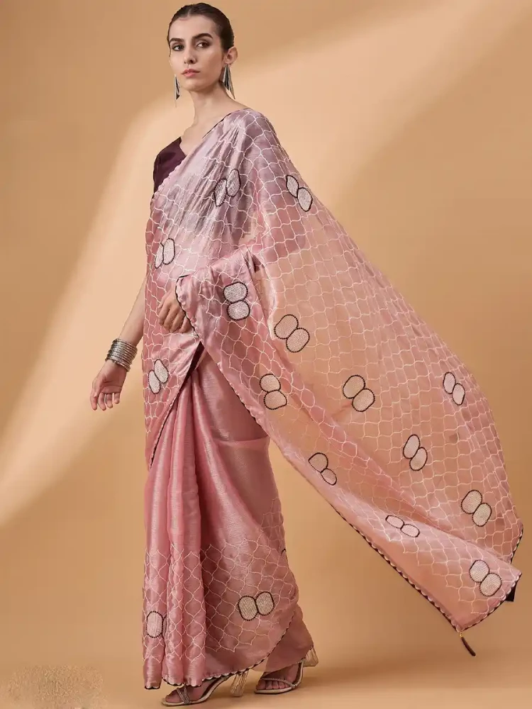 Pink Organza Embroidered Festival Casual Classic Style Saree