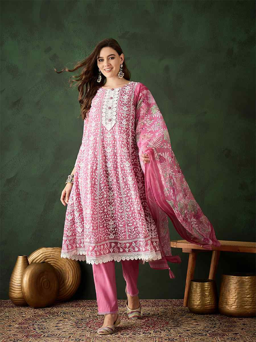 Pink Organza Embroidered Festival Casual Pant Salwar Kameez