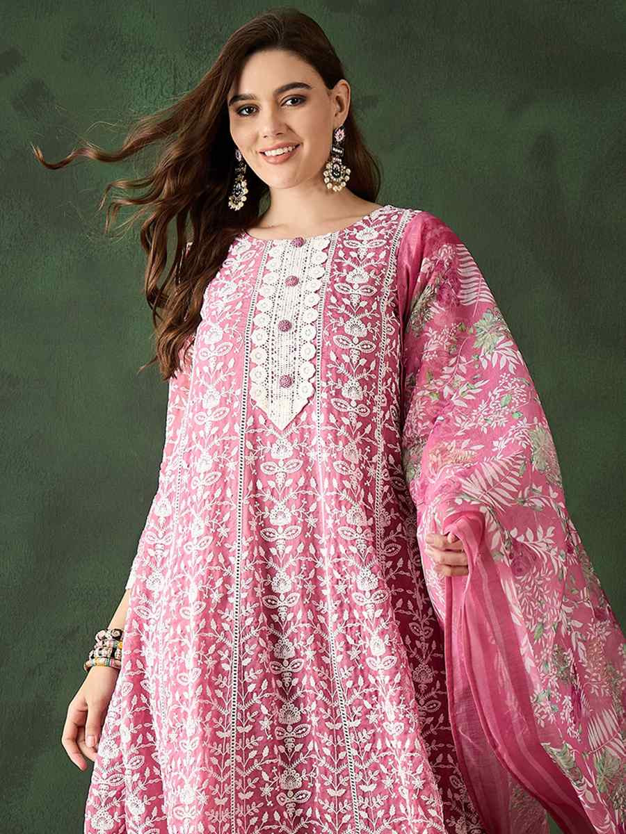 Pink Organza Embroidered Festival Casual Pant Salwar Kameez