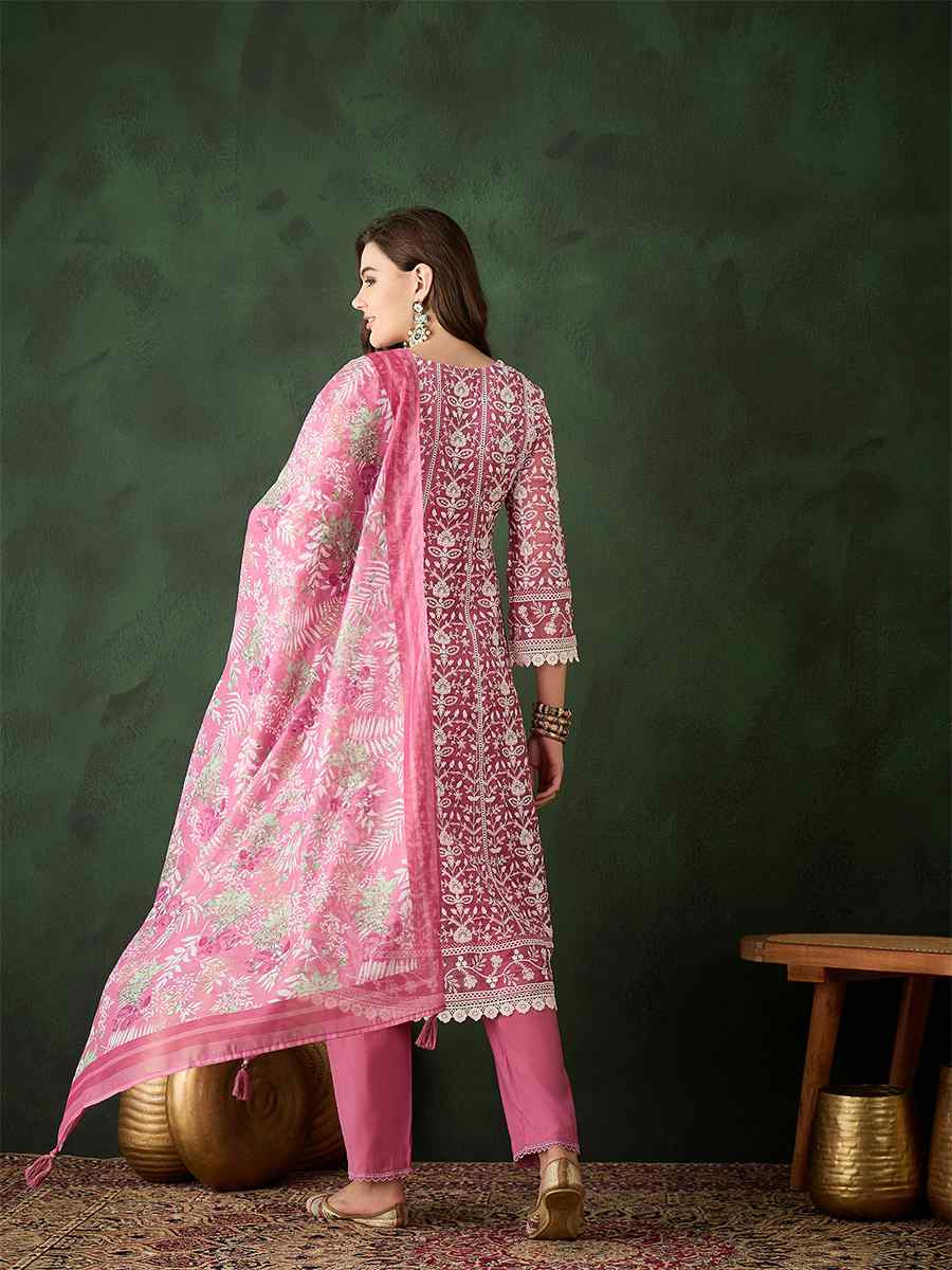 Pink Organza Embroidered Festival Casual Pant Salwar Kameez