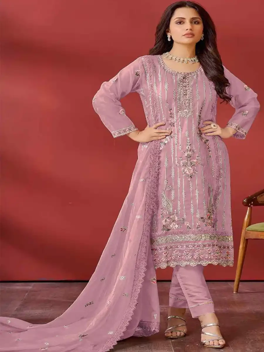 Pink Organza Embroidered Festival Casual Pant Salwar Kameez