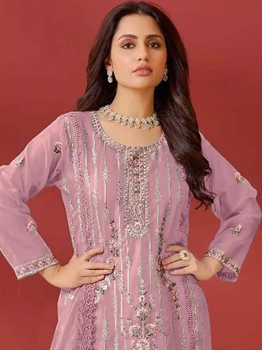 Pink Organza Embroidered Festival Casual Pant Salwar Kameez