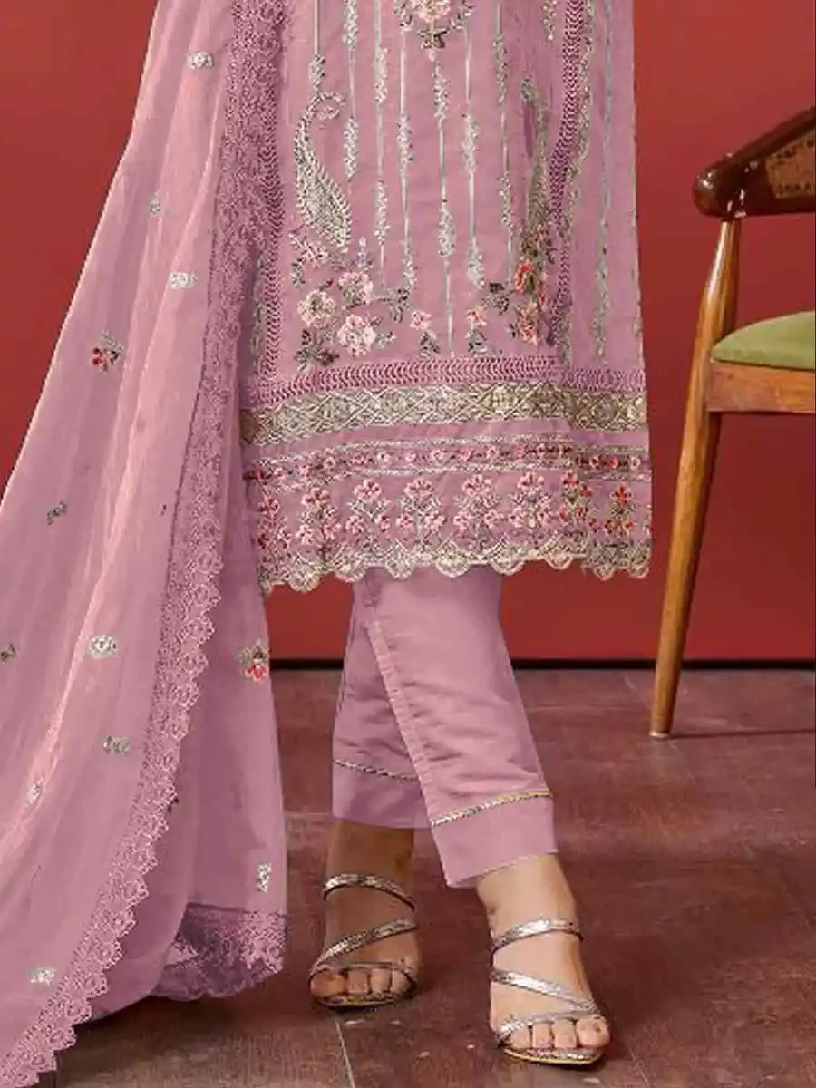 Pink Organza Embroidered Festival Casual Pant Salwar Kameez