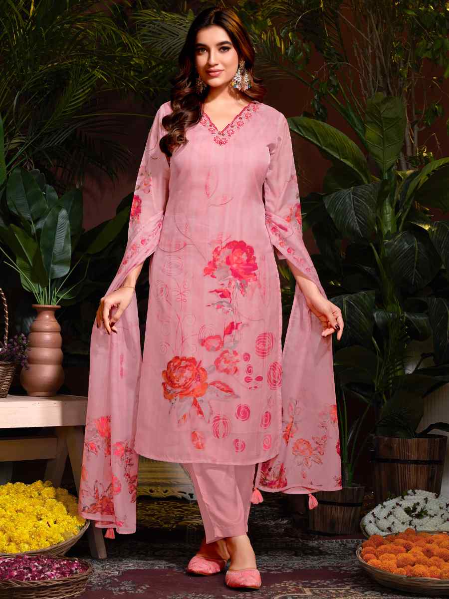 Pink Organza Embroidered Festival Casual Ready Pant Salwar Kameez