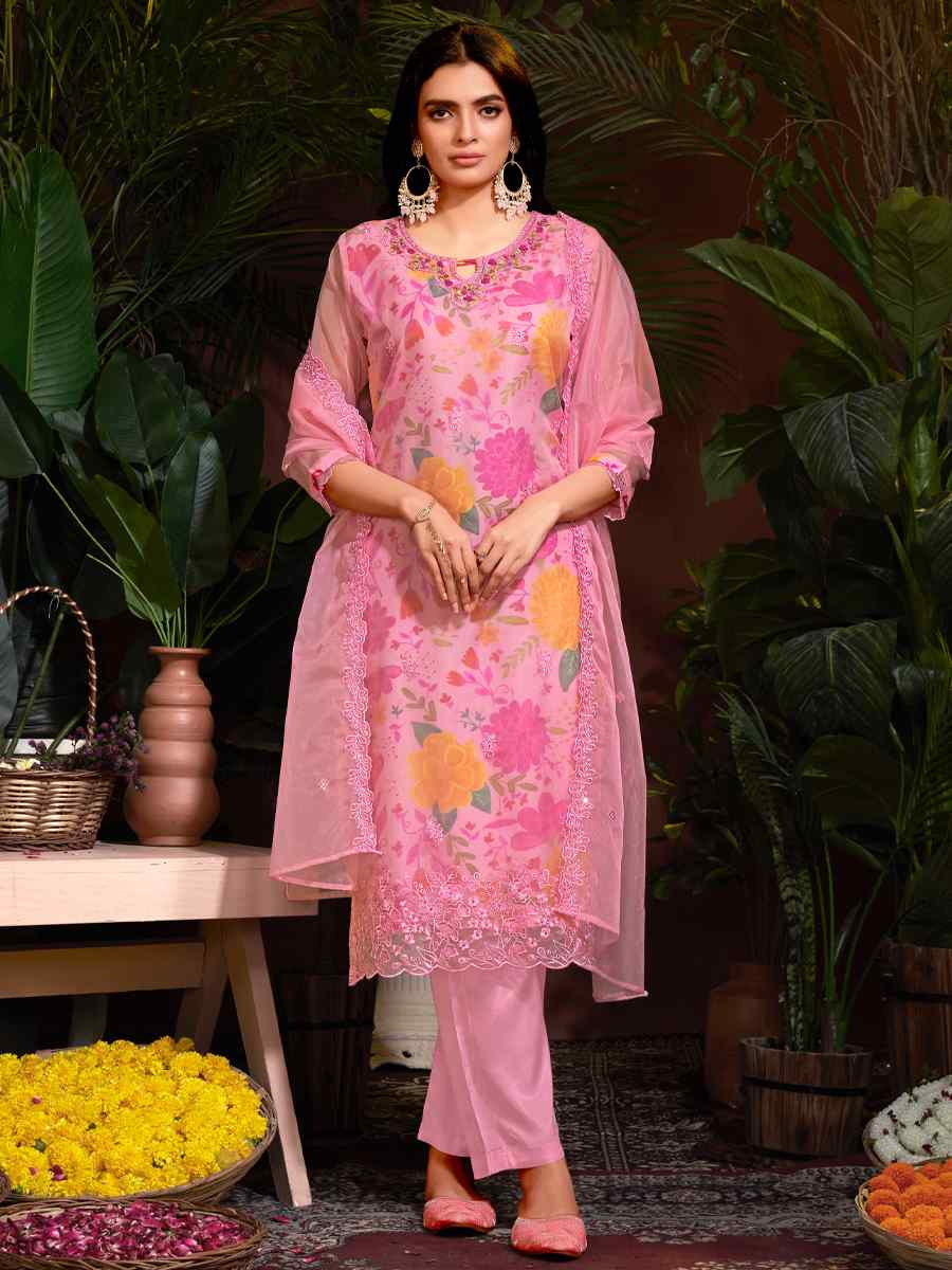 Pink Organza Embroidered Festival Casual Ready Pant Salwar Kameez