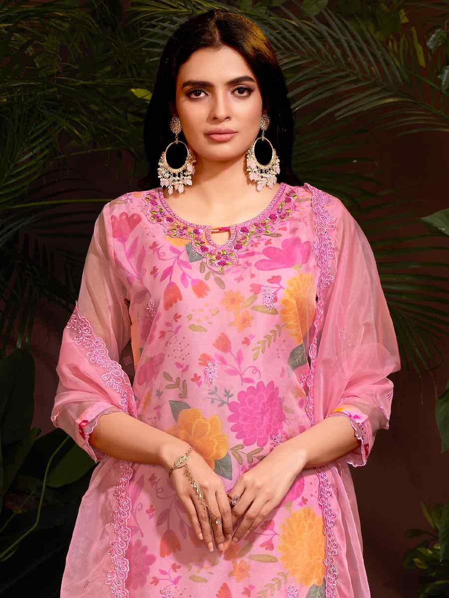 Pink Organza Embroidered Festival Casual Ready Pant Salwar Kameez