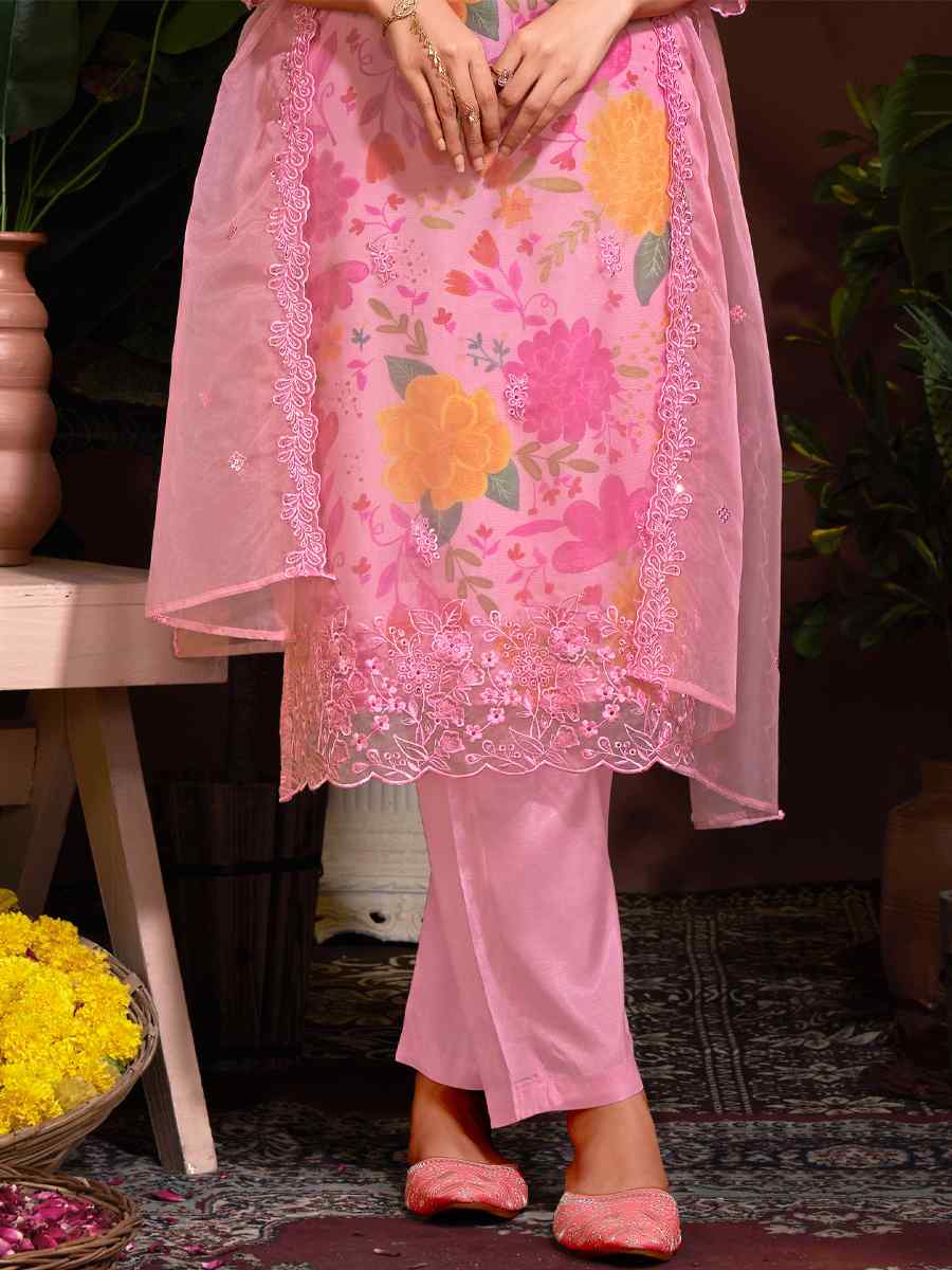 Pink Organza Embroidered Festival Casual Ready Pant Salwar Kameez