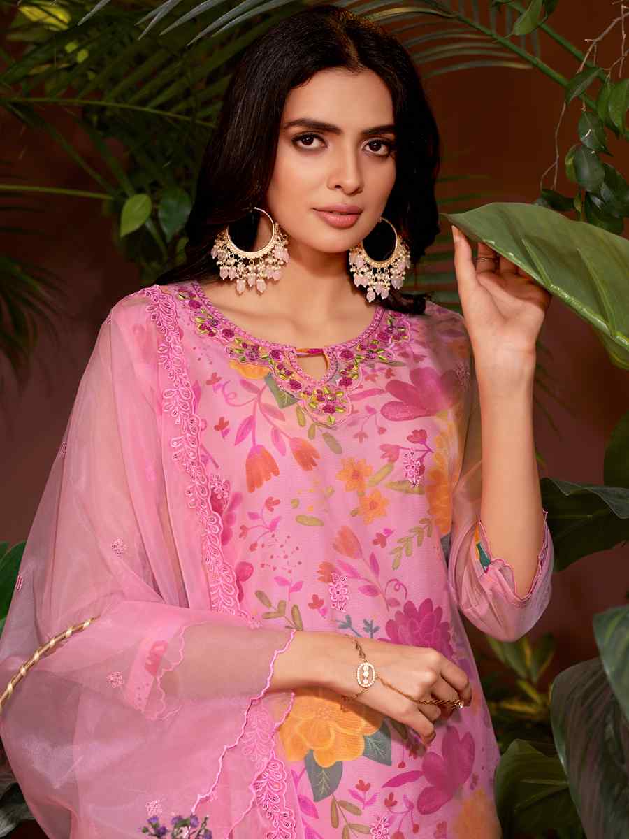 Pink Organza Embroidered Festival Casual Ready Pant Salwar Kameez