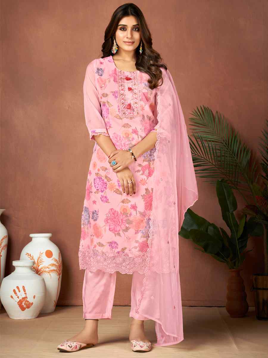 Pink Organza Embroidered Festival Casual Ready Pant Salwar Kameez