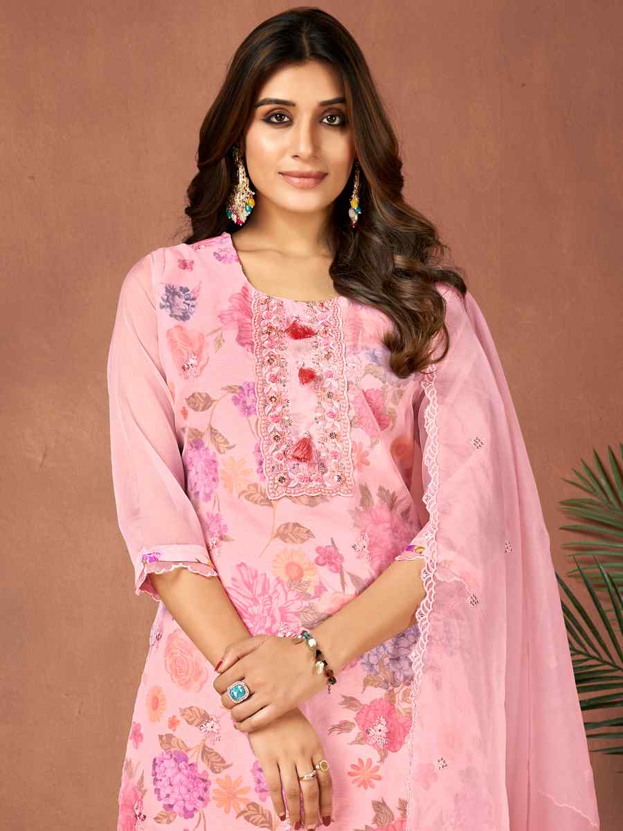 Pink Organza Embroidered Festival Casual Ready Pant Salwar Kameez