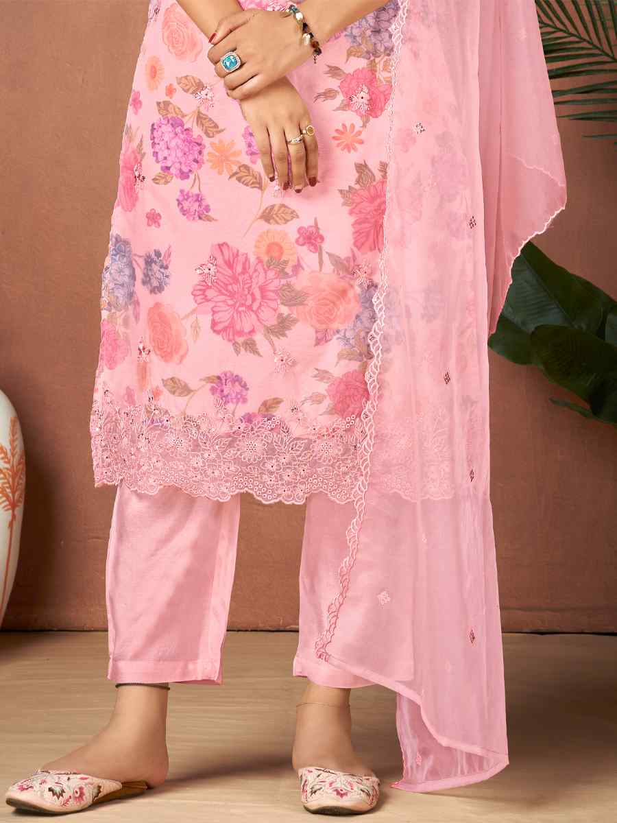 Pink Organza Embroidered Festival Casual Ready Pant Salwar Kameez