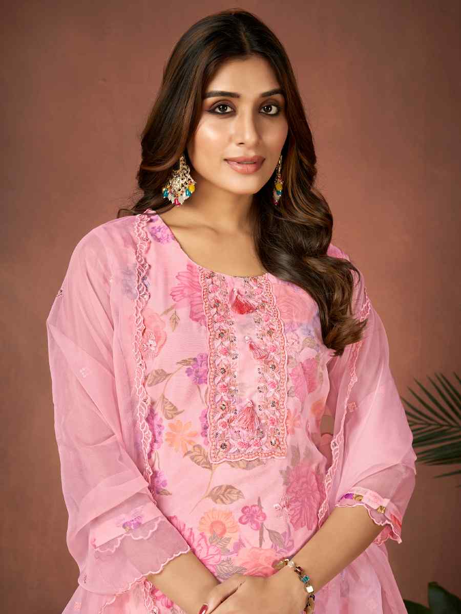 Pink Organza Embroidered Festival Casual Ready Pant Salwar Kameez