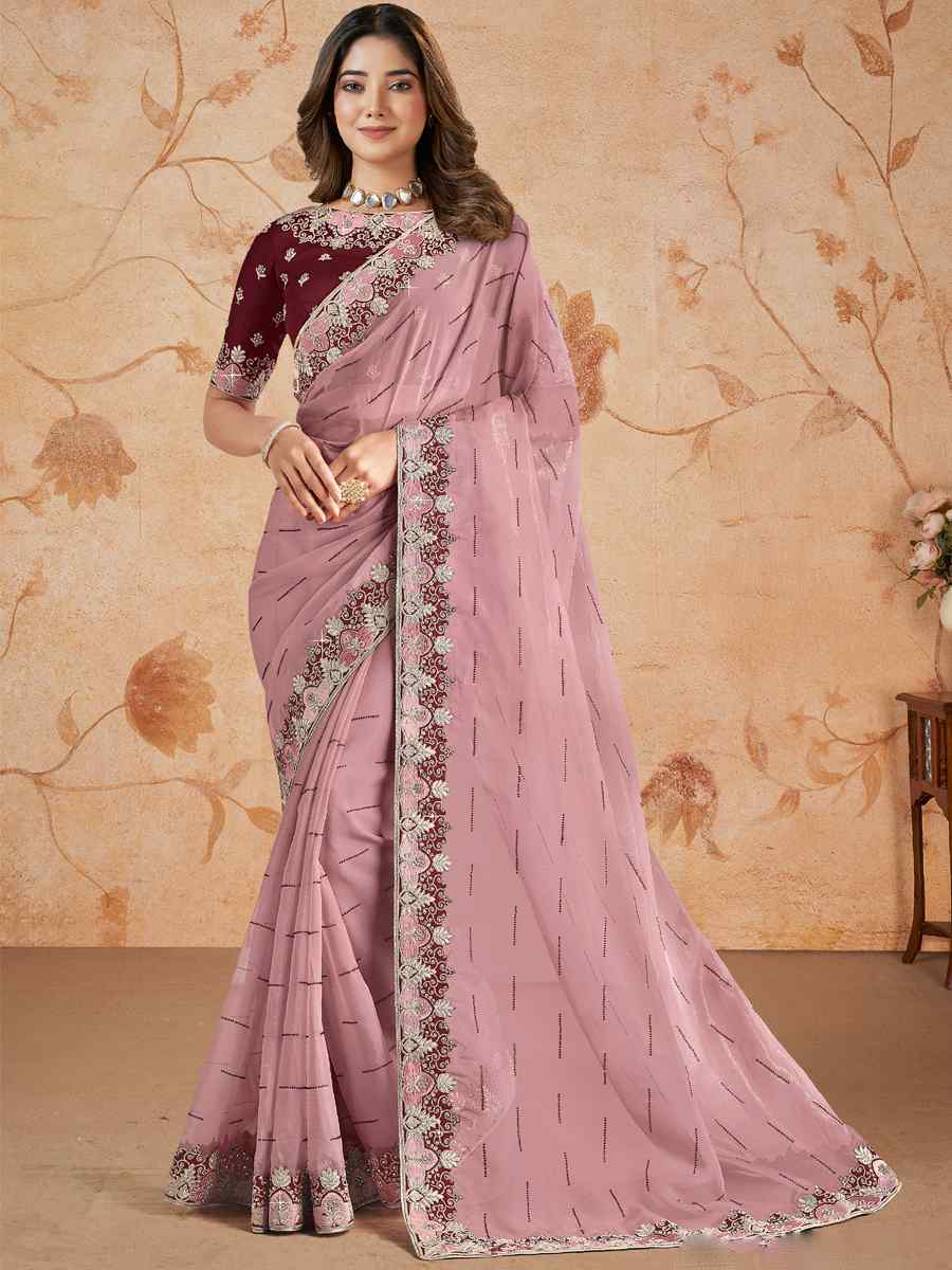 Pink Organza Embroidered Festival Party Classic Style Saree