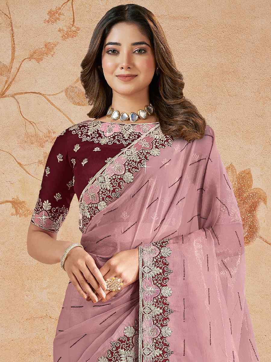 Pink Organza Embroidered Festival Party Classic Style Saree