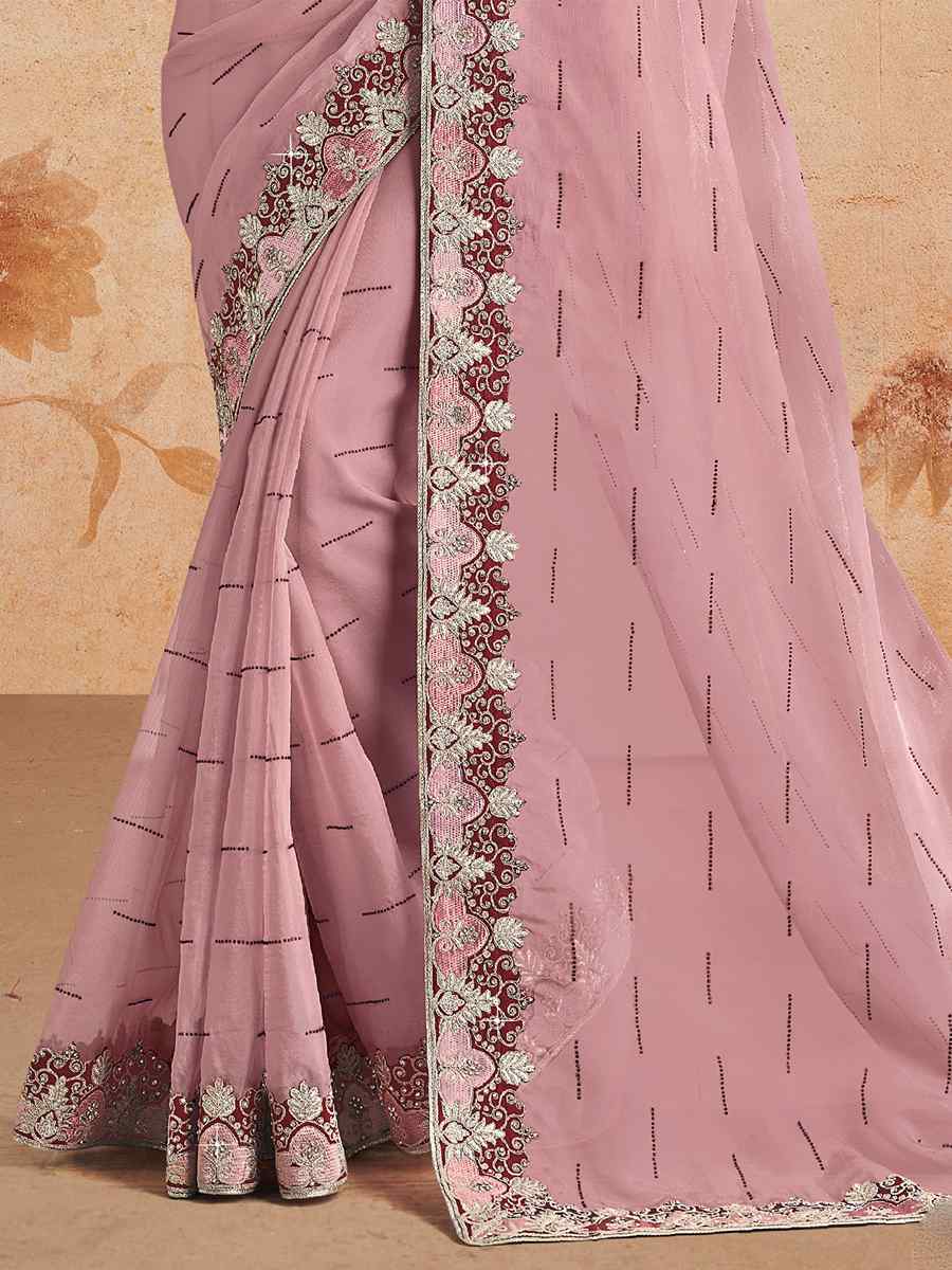 Pink Organza Embroidered Festival Party Classic Style Saree