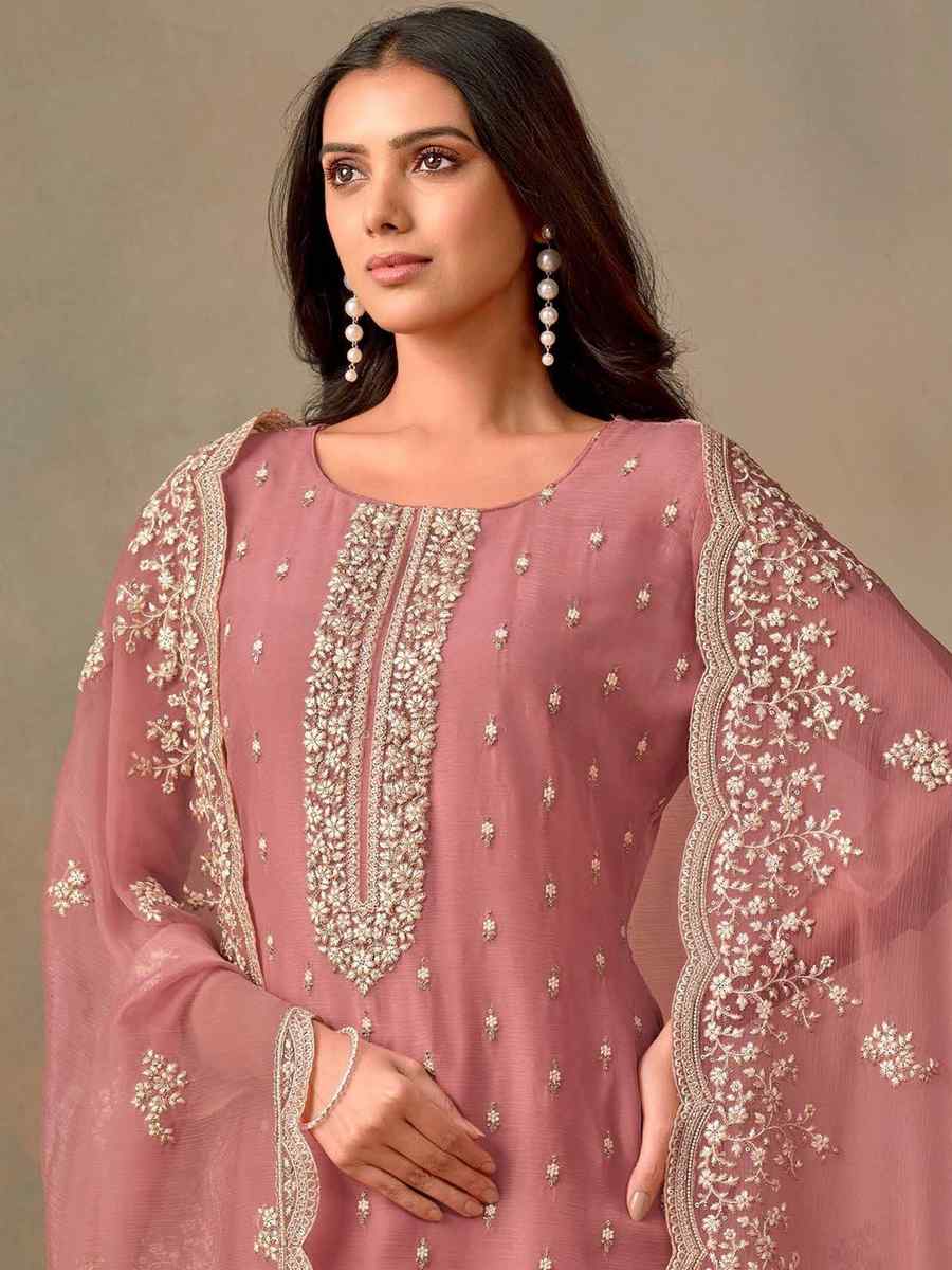 Pink Organza Embroidered Festival Wedding Pant Salwar Kameez