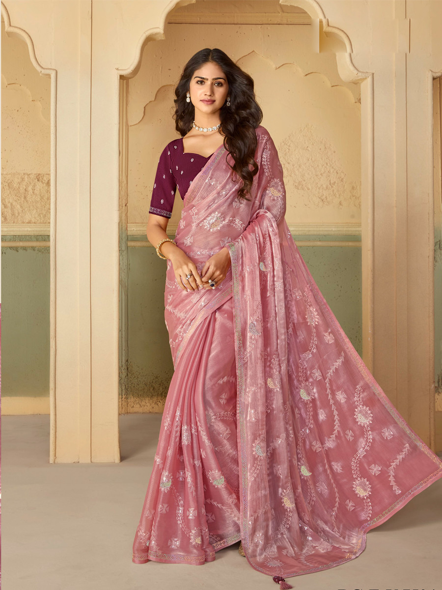 Pink Organza Embroidered Reception Party Heavy Border Saree