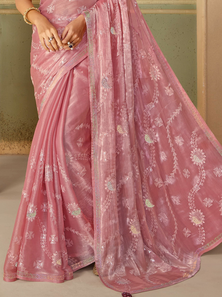 Pink Organza Embroidered Reception Party Heavy Border Saree