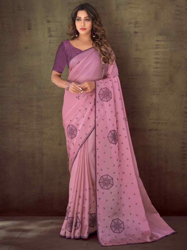 Pink Organza Embroidered Reception Wedding Heavy Border Saree