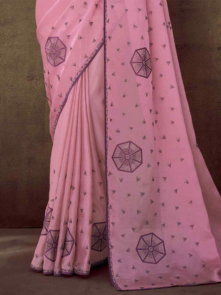 Pink Organza Embroidered Reception Wedding Heavy Border Saree