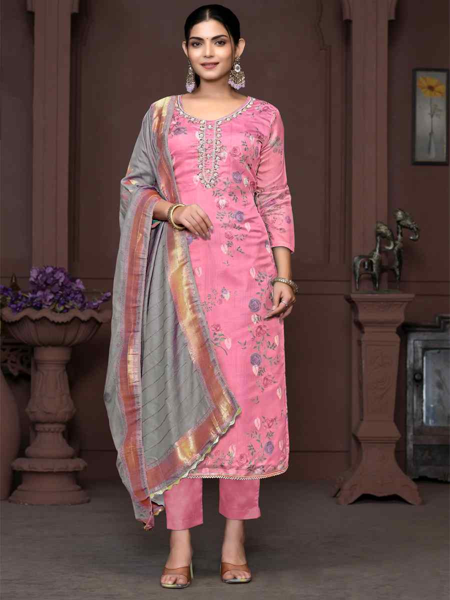 Pink Organza Jacquard Embroidered Casual Festival Pant Salwar Kameez