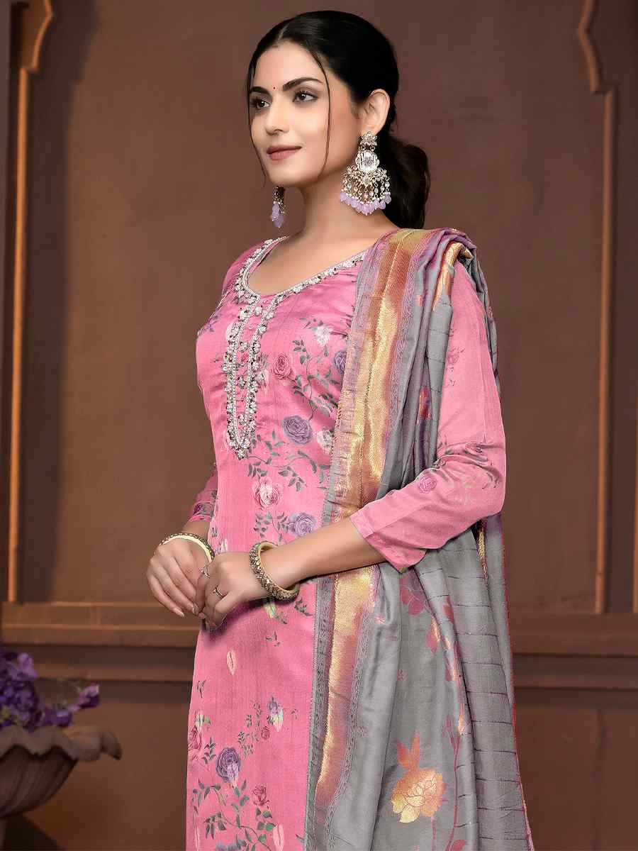 Pink Organza Jacquard Embroidered Casual Festival Pant Salwar Kameez