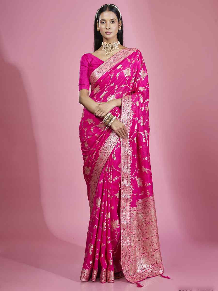 Pink Organza Shimmer Embroidered Festival Wedding Heavy Border Saree