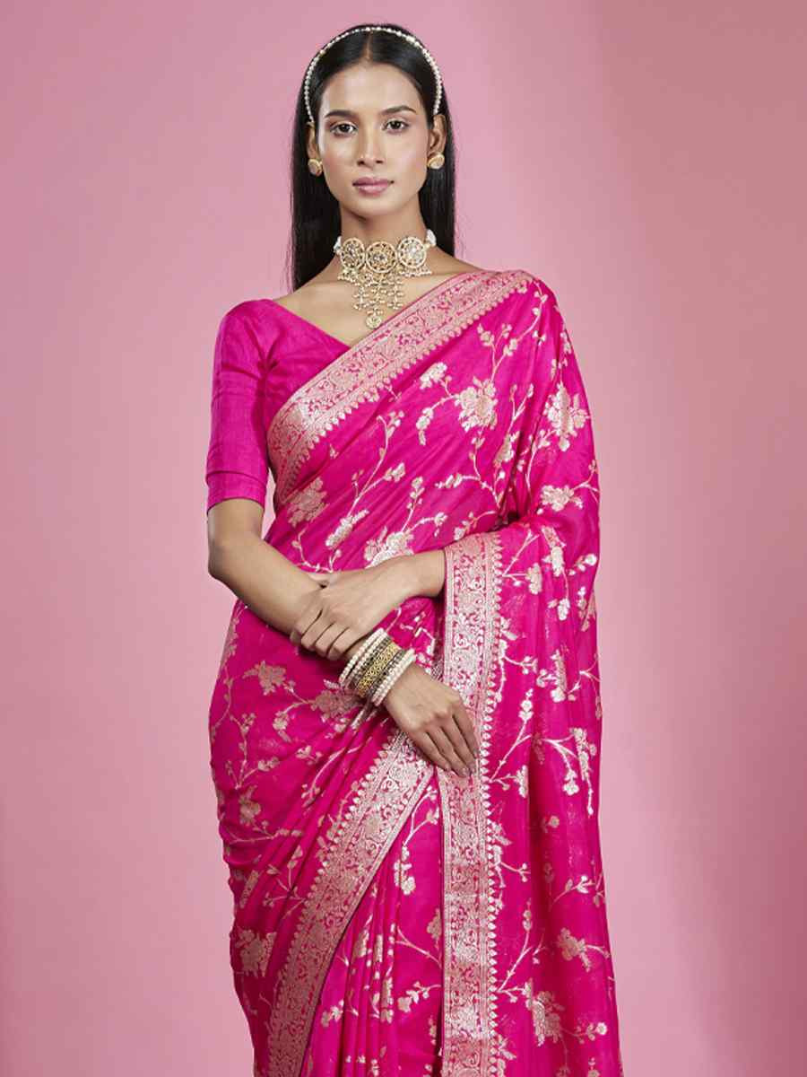 Pink Organza Shimmer Embroidered Festival Wedding Heavy Border Saree