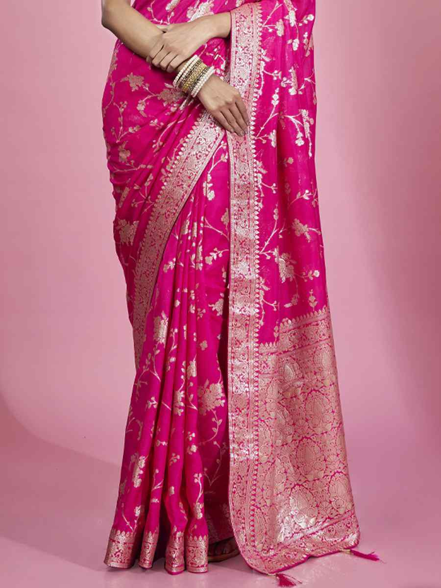 Pink Organza Shimmer Embroidered Festival Wedding Heavy Border Saree