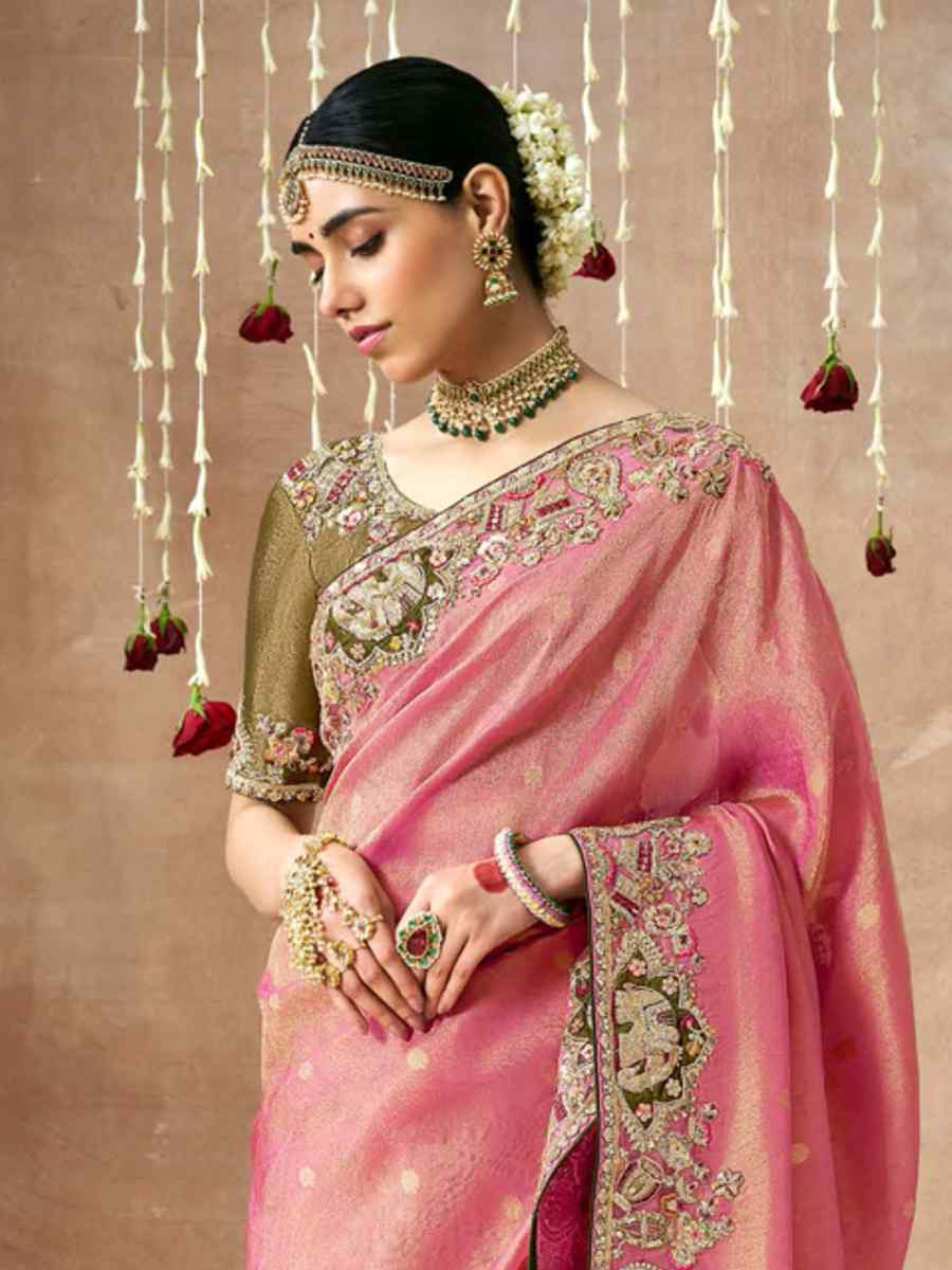 Pink Organza Silk Embroidered Reception Wedding Heavy Border Saree