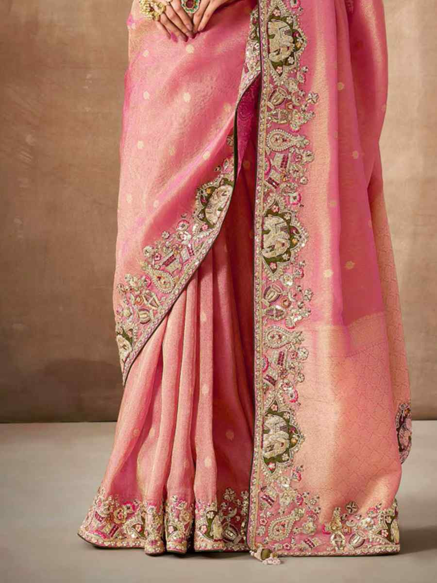 Pink Organza Silk Embroidered Reception Wedding Heavy Border Saree