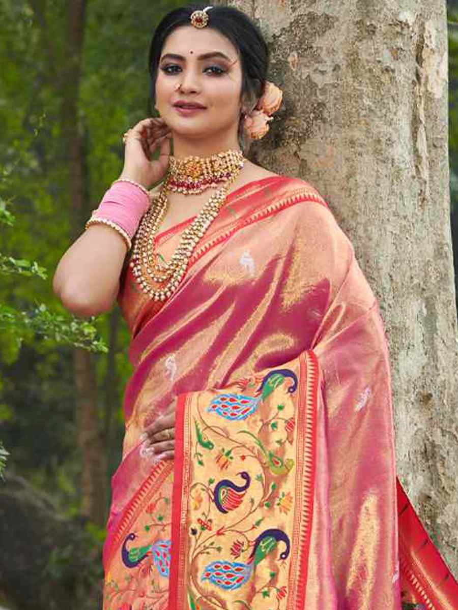 Pink Paithani Silk Handwoven Wedding Festival Heavy Border Saree