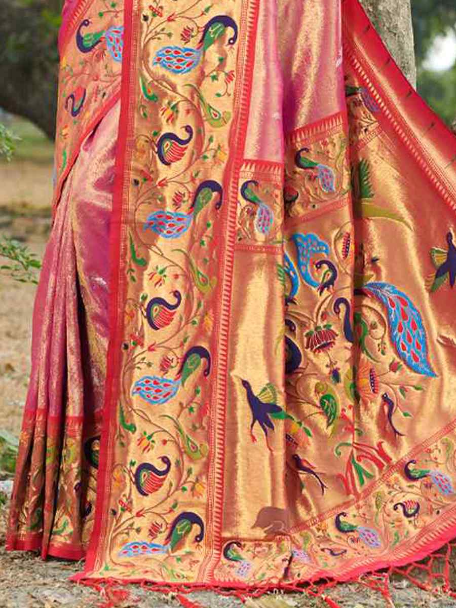 Pink Paithani Silk Handwoven Wedding Festival Heavy Border Saree