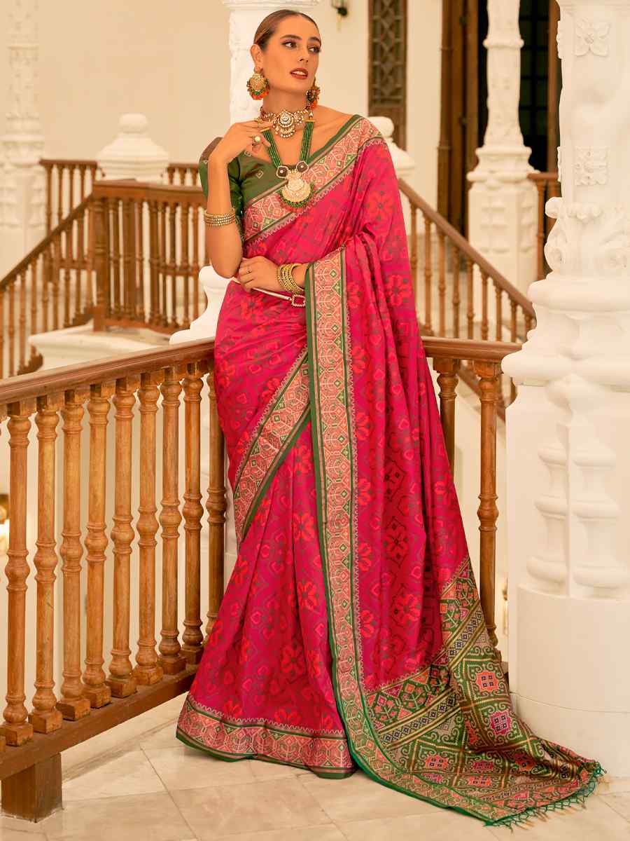 Pink Patola Banarasi Silk Handwoven Wedding Festival Heavy Border Saree