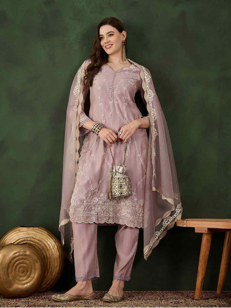 Pink Poly Chanderi Embroidered Festival Casual Ready Pant Salwar Kameez