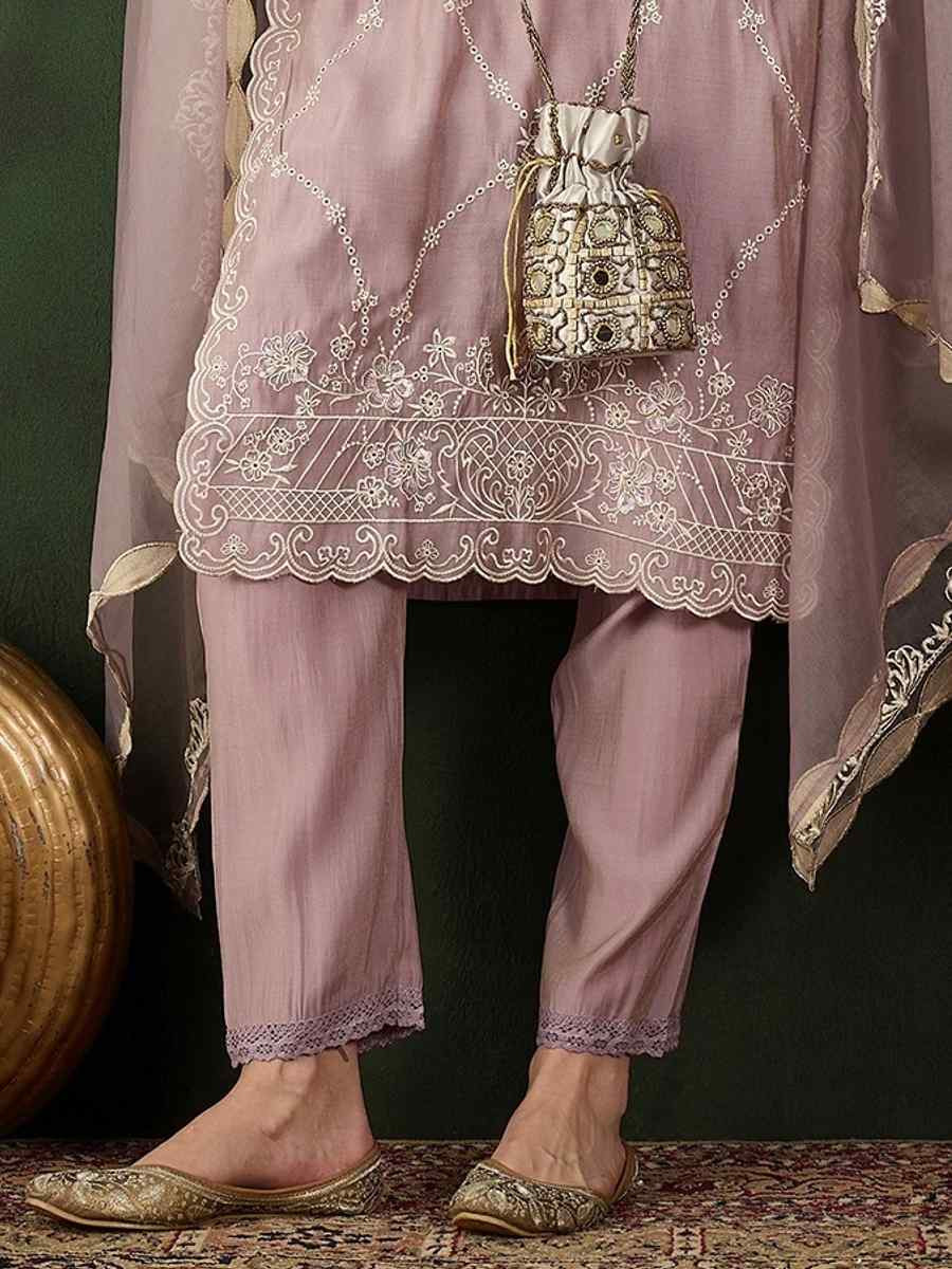 Pink Poly Chanderi Embroidered Festival Casual Ready Pant Salwar Kameez