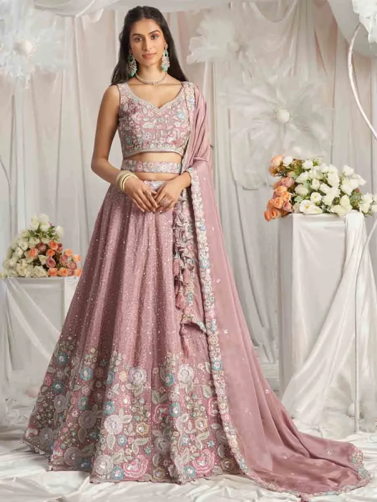 Pink Poly Chiffon Embroidered Wedding Bridesmaid Heavy Border Lehenga Choli