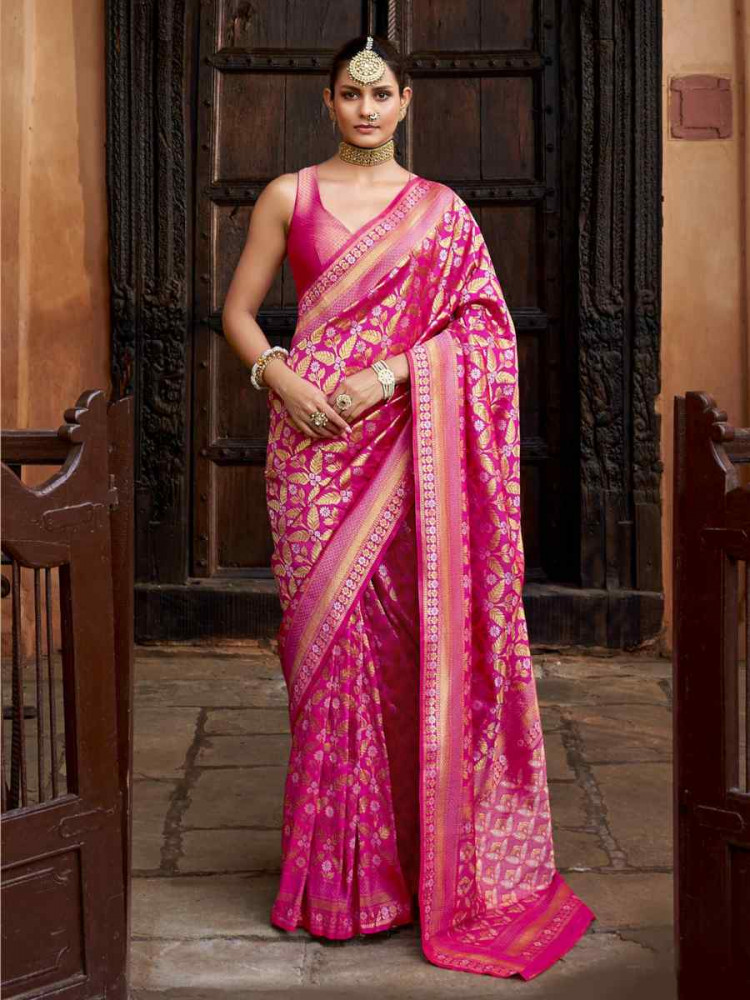 Pink Poly Viscose Silk Banarasi Silk Handwoven Festival Casual Heavy Border Saree