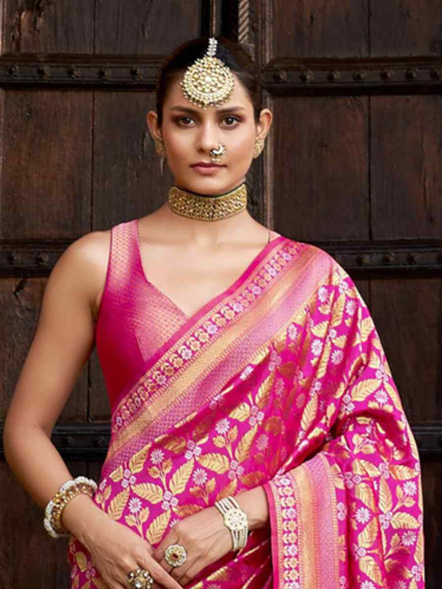 Pink Poly Viscose Silk Banarasi Silk Handwoven Festival Casual Heavy Border Saree