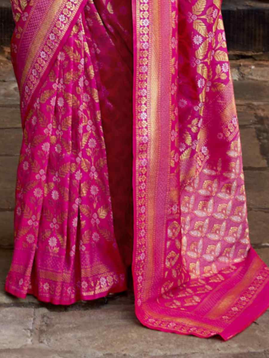 Pink Poly Viscose Silk Banarasi Silk Handwoven Festival Casual Heavy Border Saree